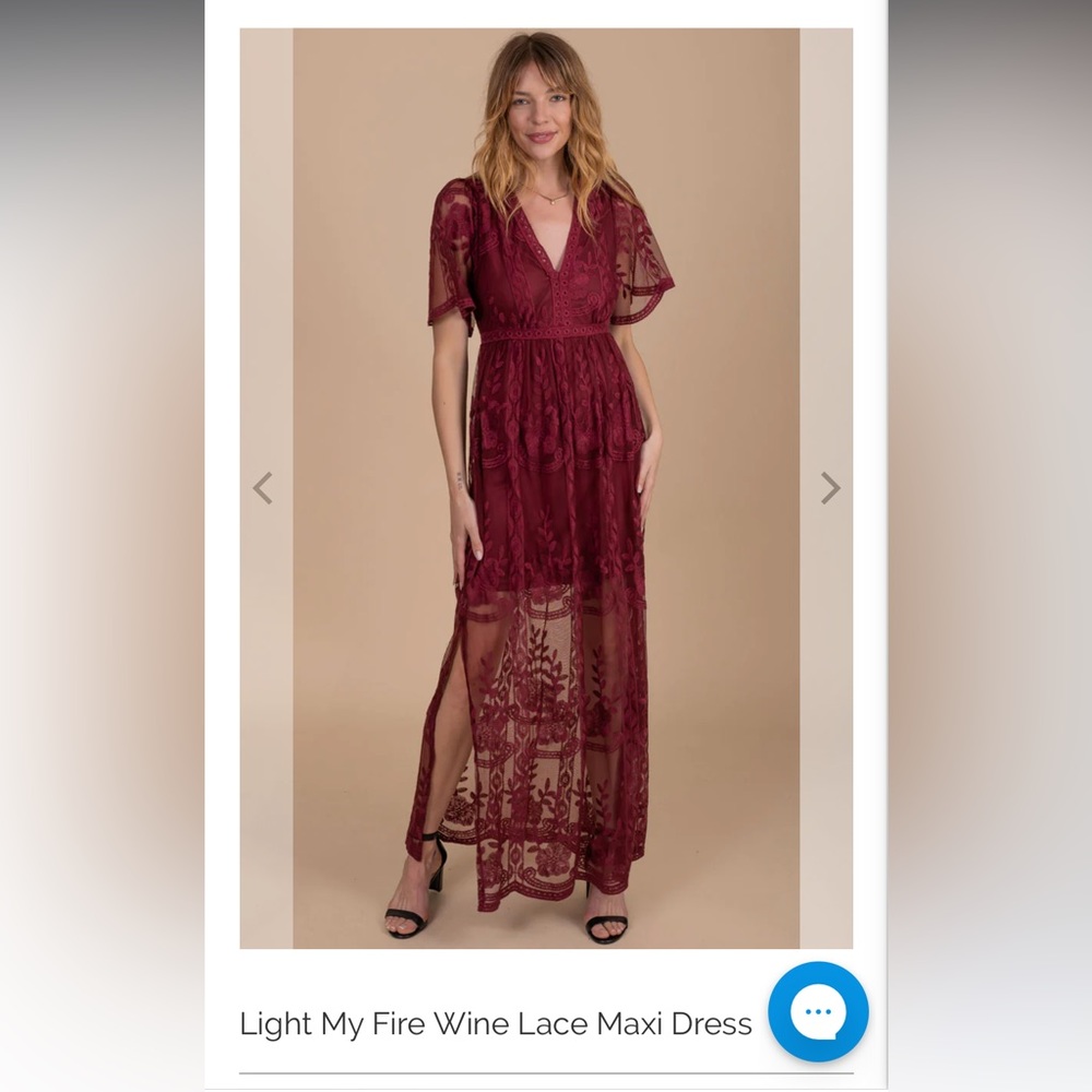 Altar’d State floor length wine lace dress, size medium